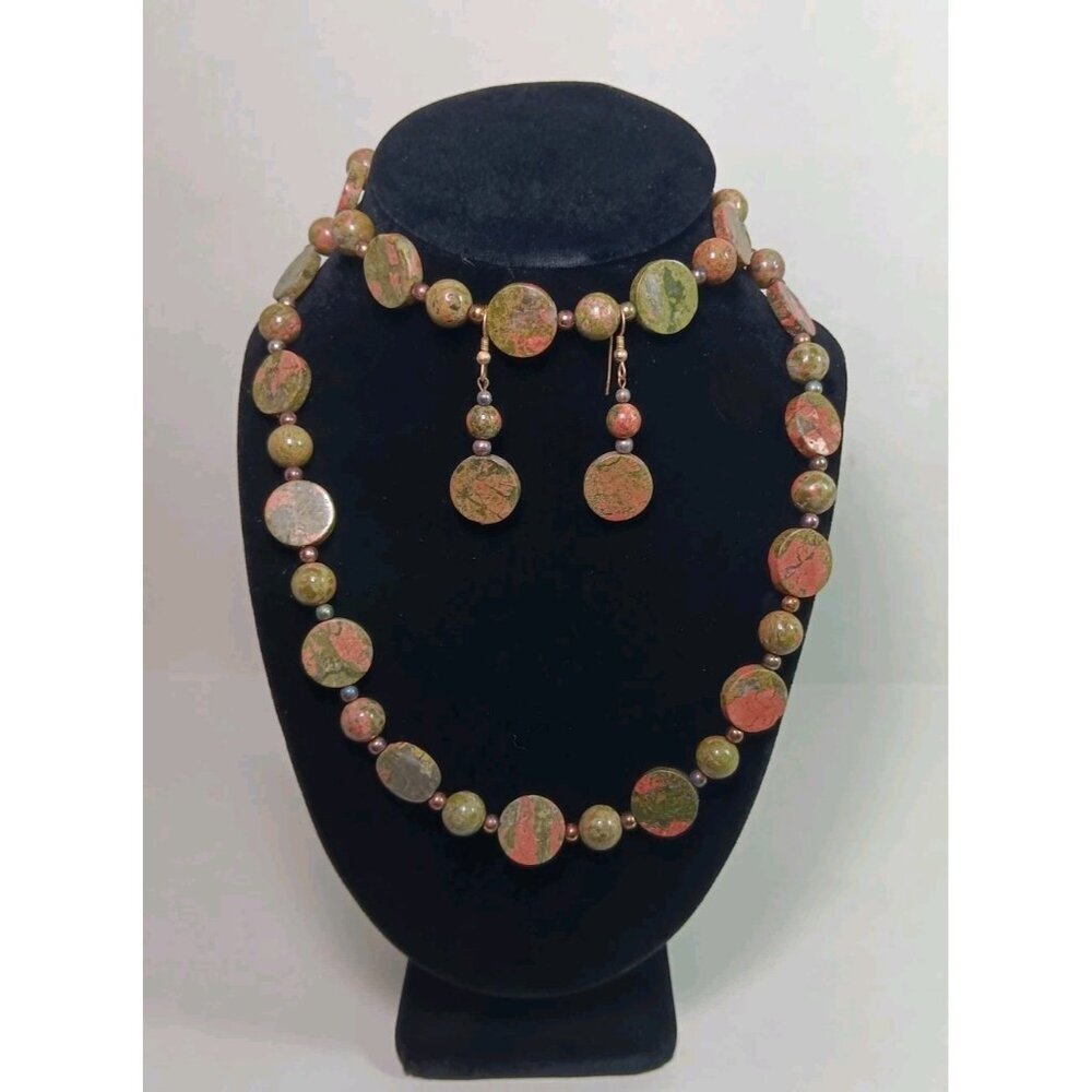 Unakite Orange And Green Natural Gemstone Necklace And Earrings Set Gold Clasp